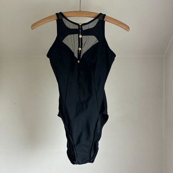Vintage one piece swimsuit black sheer top gold buttons low back bathing - Picture 1 of 8